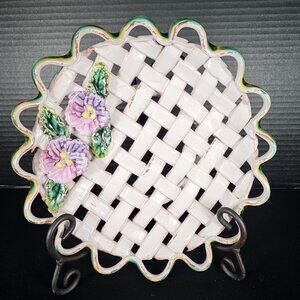 Vintage Italy Majolica Handcrafted Open Weave Ceramic Shallow Bowl Purple Floral